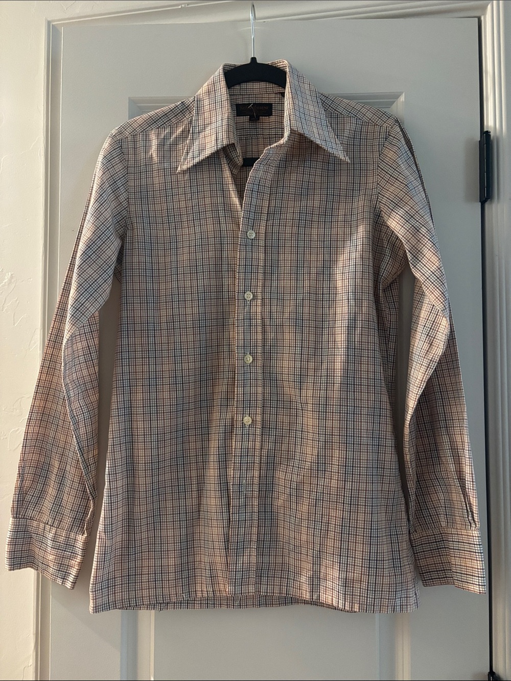 Yves Saint Laurent Beige and Blue Plaid Button-Down Shirt